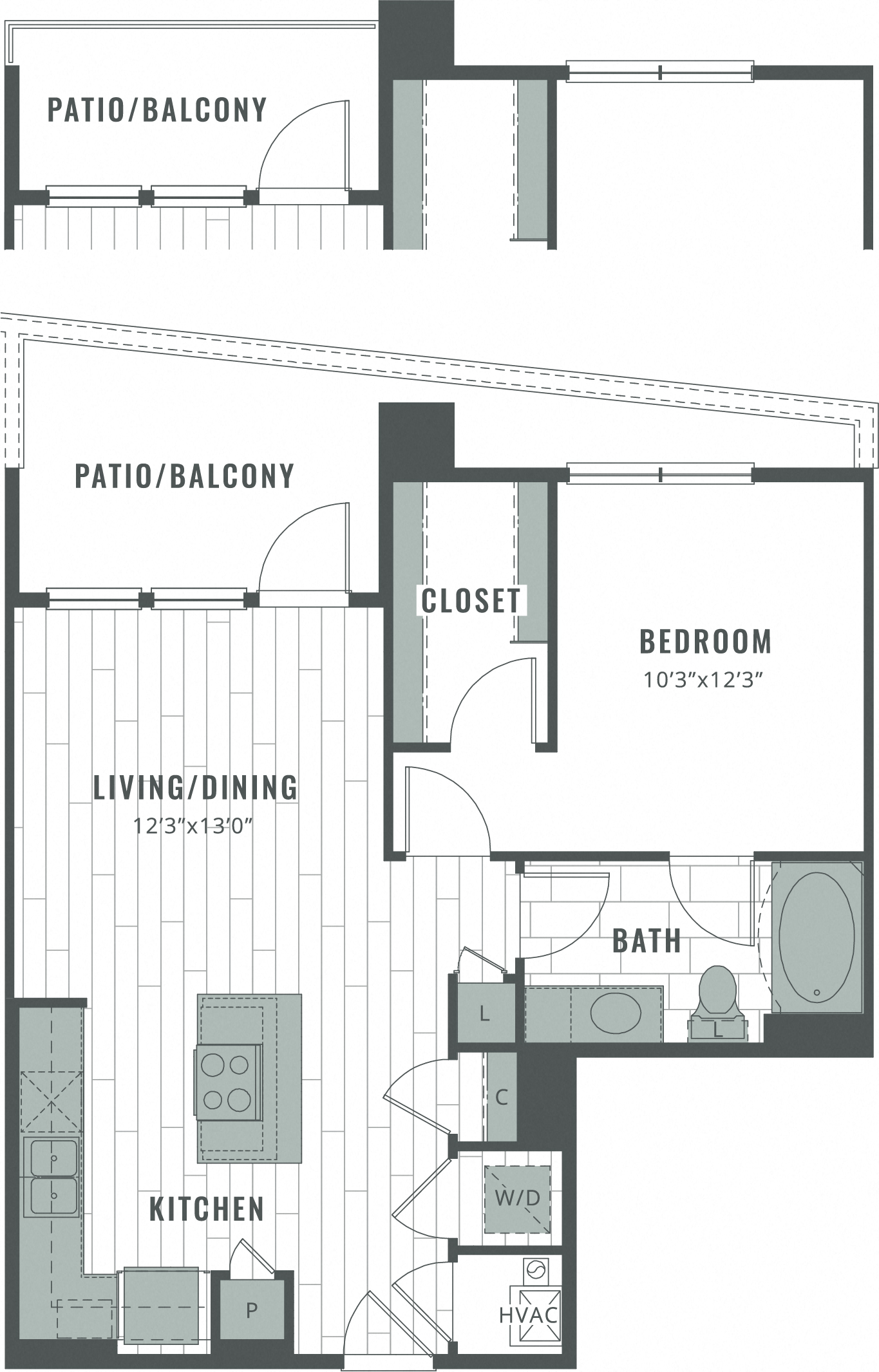Floor plan for 1 bed, 1 bath, 713 sqft
